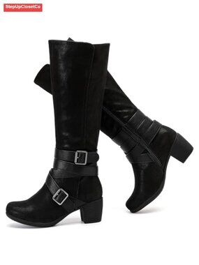 Faux Leather Knee High Heeled Boots Pointed Toe Block Heel Side Zip